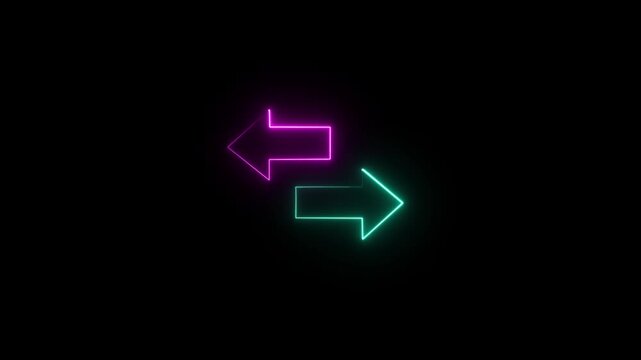 direction left right 2 arrow icon animation glowing neon red and blue color road sign information traffic signal moving road side sign symbol on black background .4k viedo animation .