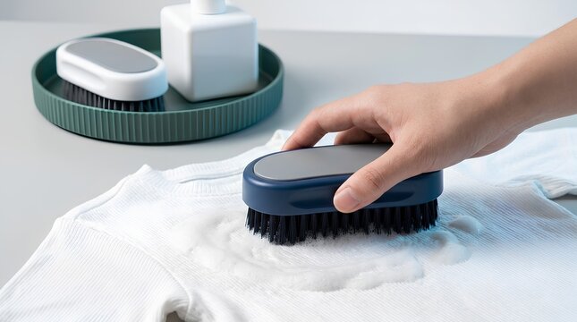 Hand Scrubbing White Shirt with Blue Bristle Brush and Foam &ndash; Laundry Spot Cleaning Concept