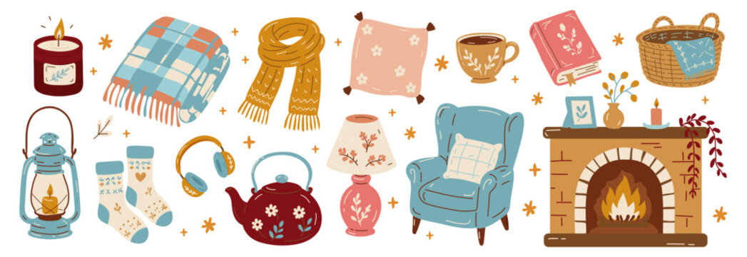 Hygge set, hand drawn vector fall elements in scandinavian doodle sketchy style. Cozy comfortable lifestyle, winter and autumn mood