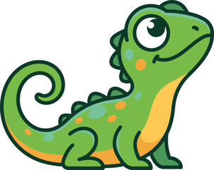 Obraz premium Cute Cartoon Green Gecko with Orange Spots – Friendly Reptile Illustration Isolated on White for Kids & Design