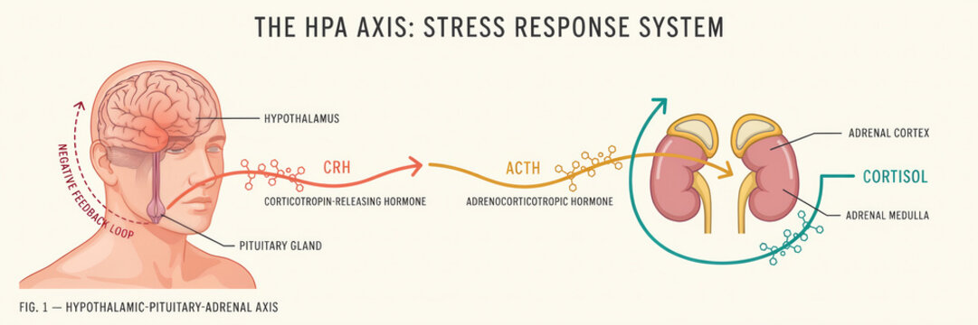 Diagram showing the HPA Axis, the stress response system, involving the brain, pituitary gland, and adrenal glands