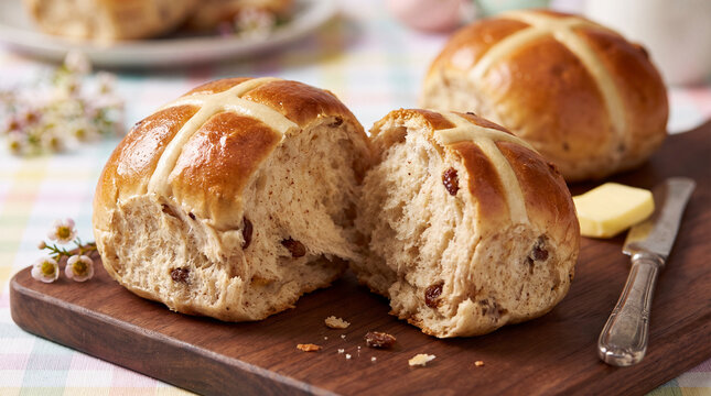 Close-up of freshly baked hot cross buns with raisins served on a wooden board with butter, representing traditional Easter baking, spring breakfast and seasonal holiday food