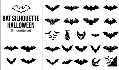 Fototapeta premium Bat Silhouette Halloween Flying Collection Set Black White Vector Isolated White Background 
