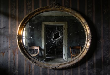 Obraz premium Antique gold-framed mirror with large spiderweb crack reflecting abandoned room interior