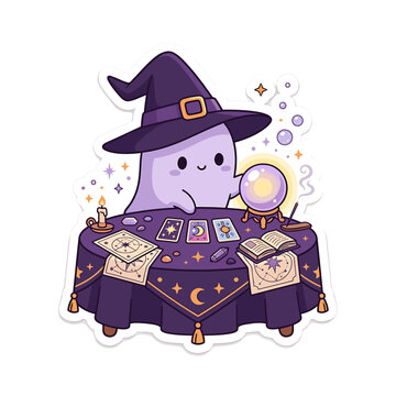 Cute cartoon ghost fortune teller wearing a witch hat and reading a crystal ball with tarot cards on a table hocus pocus halloween mystical divination supernatural illustration