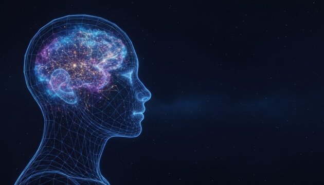 Cosmic Consciousness: A digital rendering of a human head in profile, with a glowing, intricate network representing the brain, filled with cosmic patterns and stardust.
