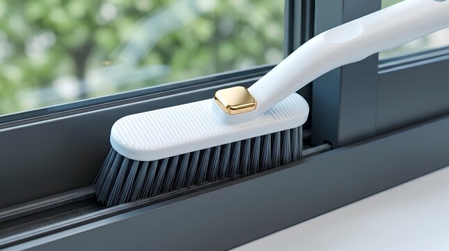Cleaning Window Track with Narrow Grooved Bristle Brush &ndash; Home Maintenance Concept Banner