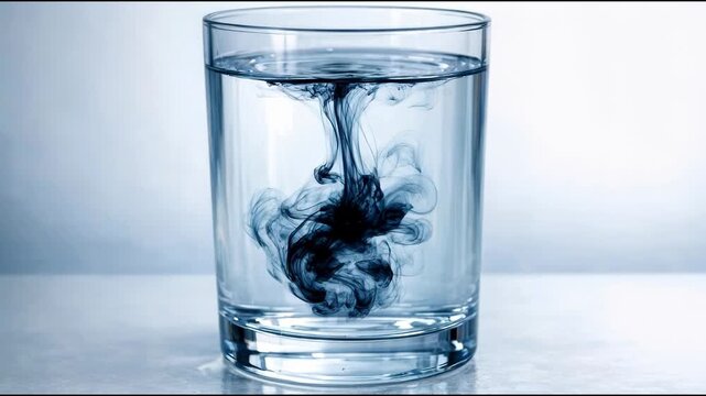 A glass containing water with a black substance, possibly sediment or impurity
