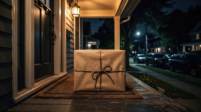 Wrapped package with twine delivered on a front porch at night
