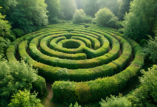 Complexity and problem solving, circular hedge maze in a lush green forest strategic planning and finding a way through difficult challenges