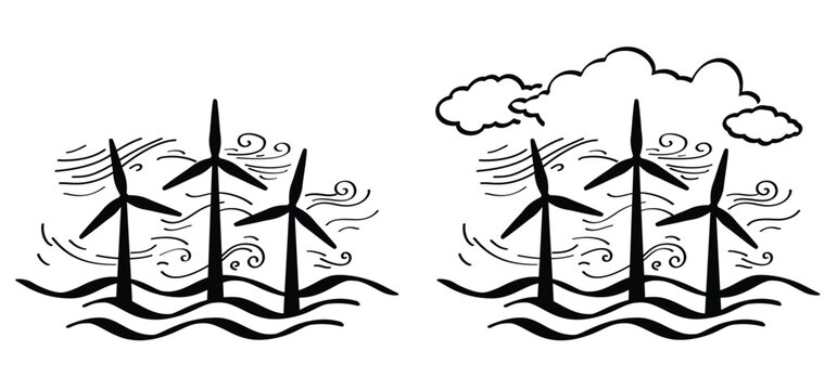 Offshore wind turbine. Windmills or wind turbines tower green energy and electric plug. Alternative energy. Wind mills, generator for electricity power. Windturbines. schone, hernieuwbare energie.