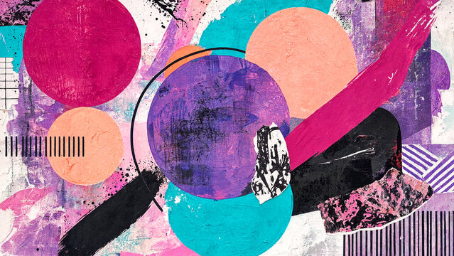 Abstract collage with magenta and turquoise geometric shapes and textures