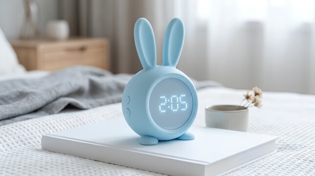 Cute Blue Rabbit Digital Alarm Clock on Book over Bed &ndash; Minimalist Kids Bedroom Decor Banner