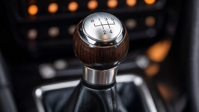 Manual gear shifter with walnut wood and aluminum knob in a car interior