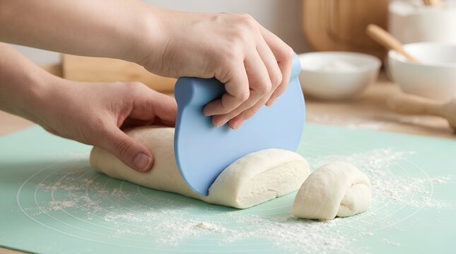 Hands Cutting Dough with Blue Scraper Tool on Silicone Pastry Mat &ndash; Baking Culinary Concept