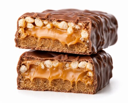Protein bar cut in half showing gooey caramel filling and crisp layers, isolated on white background, ultra detailed

