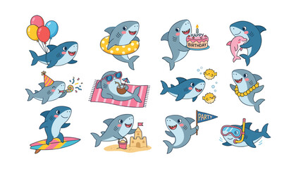 Obraz premium Cute baby shark character vector set featuring funny ocean animals beach party birthday themes and summer vacation illustrations for kids