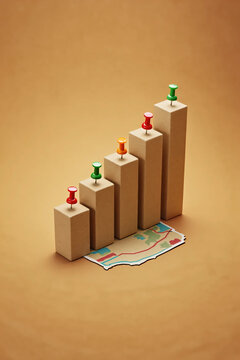 Wooden blocks forming a rising bar chart graph decorated with colorful push pins resting on a textured brown paper background representing business growth financial analytics and corporate success