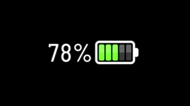 Vibrant green 100 full battery level indicator on a black screen, signifying optimal energy and complete power supply.