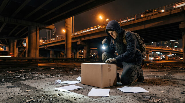 suspicious man in hoodie investigating cardboard box with flashlight under urban overpass at night