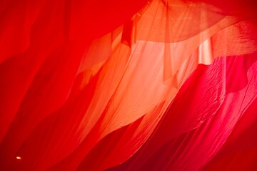 A striking abstract photograph capturing the waves, layers, and flowing textures of translucent red silk fabric suspended from a ceiling. Bright indoor lighting illuminates the glowing red and orange  © k