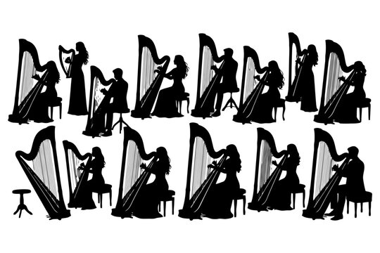 Silhouette of diverse musicians playing harps.