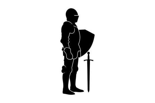 Silhouette of medieval knight with armor and shield.