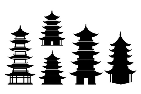 Silhouette of traditional asian pagoda structures in various styles.
