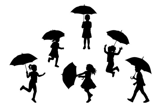 Silhouettes of children playing with umbrellas in various poses.