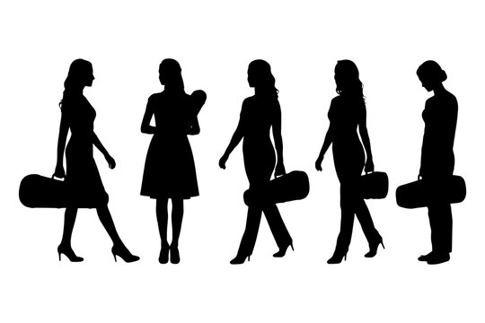 Silhouettes of female musicians with violins in various poses.