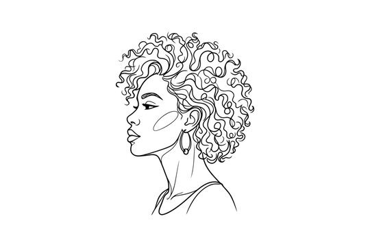 Profile of african female with curly hair and earrings in line art drawing.