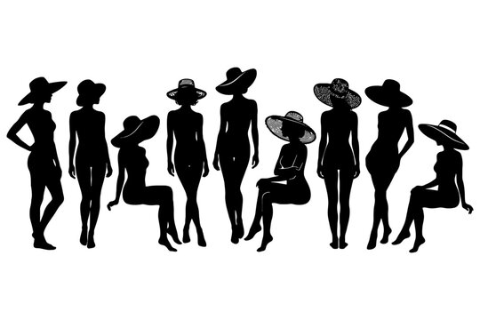 Silhouette of stylish caucasian women in hats: fashion pose collection.