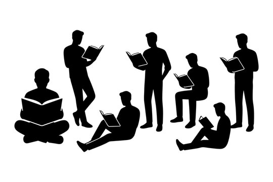 Silhouettes of people reading books: diverse poses and activities.