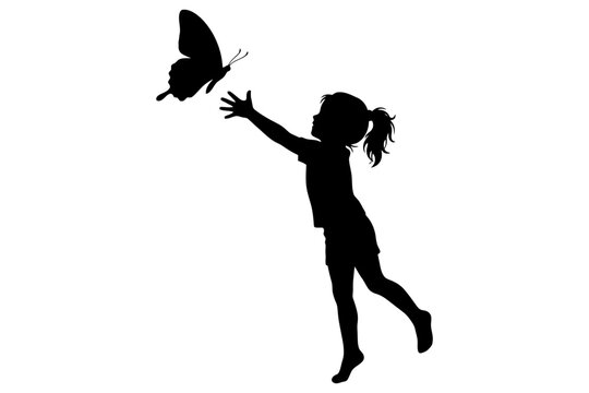 Silhouette of young caucasian female child reaching for butterfly.