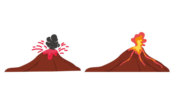 Erupting volcano vector set with red hot lava and dark ash clouds