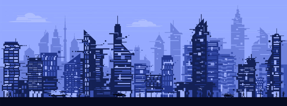 Contemporary city skyline with glitch effect