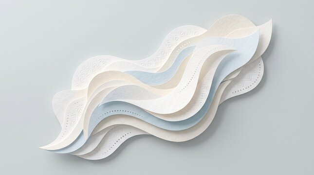 Generated with AI. Abstract papercut art illustration featuring layered waves in white beige and light blue textured paper