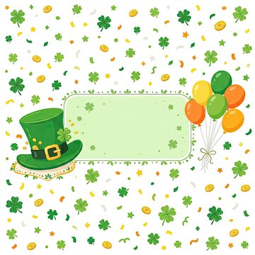 St patricks day background with hat balloons shamrocks and a blank frame for text