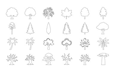Fototapeta premium Set of diverse tree outlines, including various species, palm trees, and bare winter trees for architectural and landscape visualization