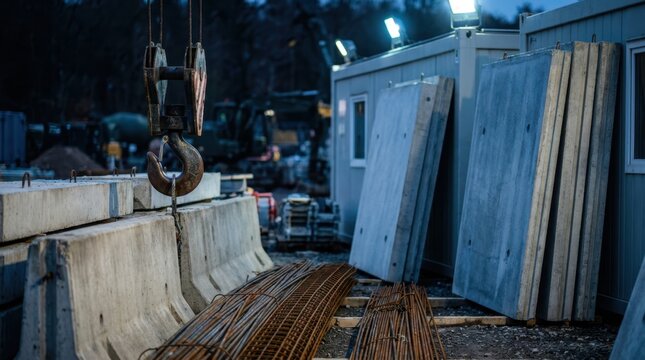 Military base construction with crane hooks, reinforced concrete barriers, steel rebar and prefab wall panels