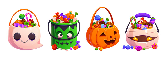 Cartoon Halloween candy buckets as carved pumpkin face, green zombie, cute ghost and mummy head filled with sweets. Lollipops, candy canes, chocolate and gummy pastry for trick or treat celebration © Seavector