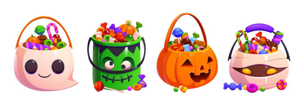 Cartoon Halloween candy buckets as carved pumpkin face, green zombie, cute ghost and mummy head filled with sweets. Lollipops, candy canes, chocolate and gummy pastry for trick or treat celebration