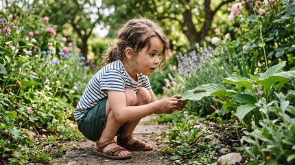 Fototapeta premium Curious girl in striped shirt and green shorts crouches in backyard path to inspect caterpillar on green leaf, enjoying summer garden exploration.