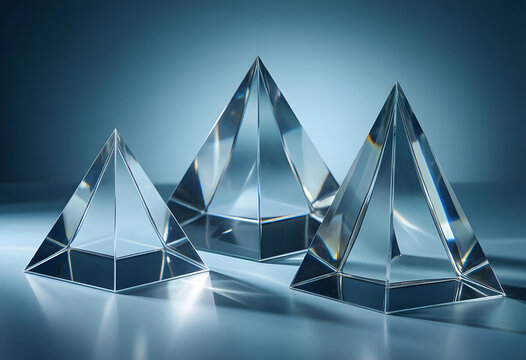 Business growth and hierarchy three glass pyramids corporate structure strategy and leadership development on a blue gradient background