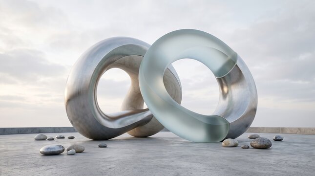 Generated with AI Large abstract interlocking ring sculpture made of steel and frosted glass outdoors