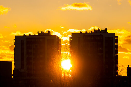 Urban sunset background. Two tall apartment buildings silhouetted against a bright golden sky. The setting sun glowing between the blocks with bare trees below