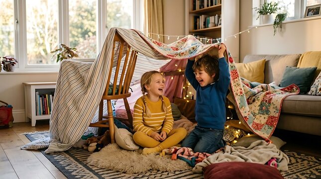 Joyful siblings laughing inside a cozy blanket fort with fairy lights