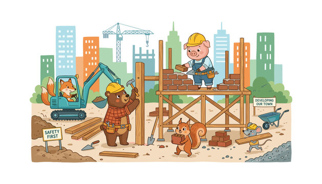 Cute cartoon animal construction site vector illustration with builders pig bear fox squirrel and mouse building a house