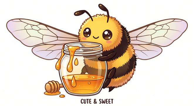 Cute Cartoon Honey Bee Holding Honey Jar Flat Vector Illustration