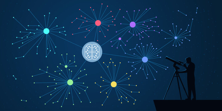 Man studying neural networks and AI models using a telescope